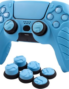 CHIN FAI Ergonomic Soft Grip Skin Compatible PS5 Controller Cover, Anti-Slip Silicone with 6 Thumb Grips Accessories Set for PlayStation 5 (Starlight Blue)